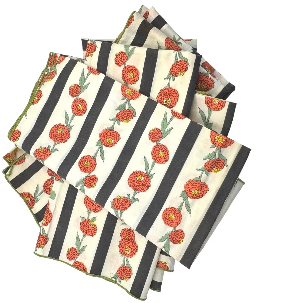 Vintage Floral Stripe‎ Napkins Set-6 Red Orange Flowers Black White cottagecore